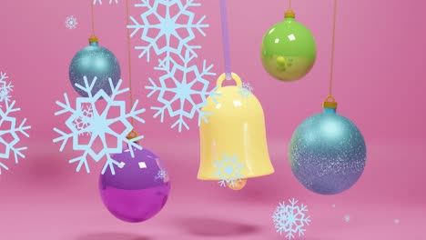 Animation-of-snow-falling-over-christmas-decorations-on-pink-background