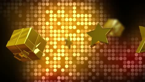 Animation-of-christmas-gold-stars-and-presents-falling-over-flickering-spots-of-light