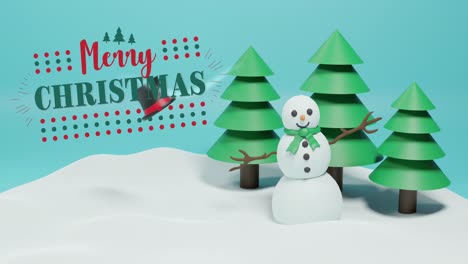Animation-Von-Weihnachtsgrüßen-über-Schneemann-Und-Bäumen-Auf-Blauem-Hintergrund