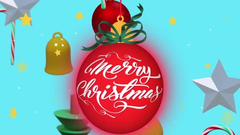 Animation-of-christmas-greetings-text-over-christmas-decorations-on-blue-background