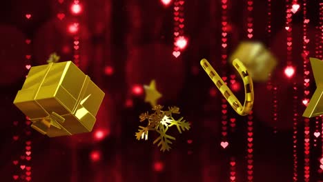 Animation-of-christmas-gold-stars-and-presents-over-red-light-trails-on-black-background