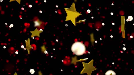 Animation-of-christmas-gold-stars-falling-over-spots-of-light-on-black-background
