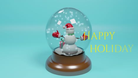 Animation-of-christmas-greetings-text-over-christmas-snow-globe-with-snowman-on-blue-background
