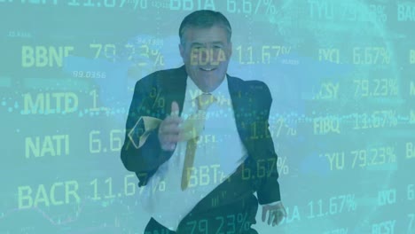 Animation-of-stock-market-data-processing-over-caucasian-senior-businessman-running