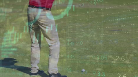 Animation-of-statistics-and-data-processing-over-male-golf-player-with-golf-club-and-ball