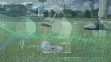 Animation-of-padlock,-statistics-and-data-processing-over-male-golf-player-with-golf-club-and-ball