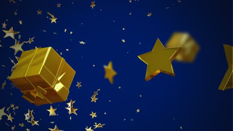 Animation-Von-Goldenen-Weihnachtssternen-Und-Geschenken,-Die-Auf-Blauen-Hintergrund-Fallen