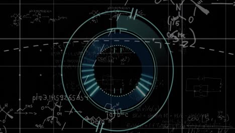 Animation-of-lines-on-loading-circles-over-mathematical-equations-against-black-background