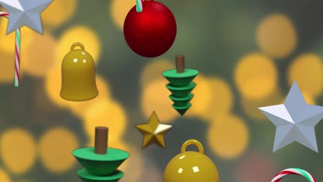 Animation-of-christmas-decorations-falling-over-yellow-spots-in-background