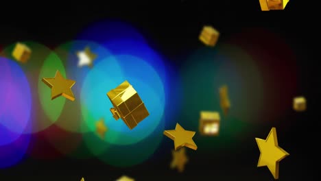 Animation-Von-Goldenen-Weihnachtssternen-Und-Geschenken,-Die-über-Lichtpunkte-Auf-Schwarzem-Hintergrund-Fallen