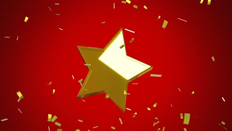 Animation-of-christmas-gold-star-and-confetti-falling-on-red-background