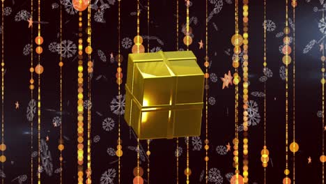 Animation-of-christmas-gold-stars,-presents-falling-over-gold-light-trails-on-black-background