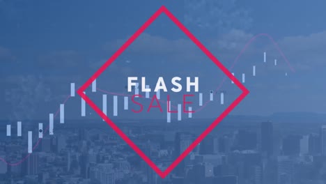 Animation-of-flash-sale-text-and-statistics-over-cityscape