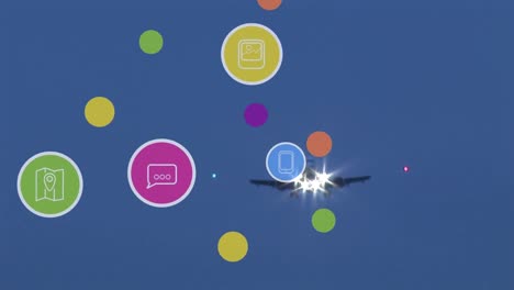 Animation-Von-Mediensymbolen-über-Dem-Flugzeug