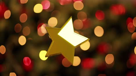 Animation-of-christmas-gold-star-over-flickering-christmas-tree-lights-in-background