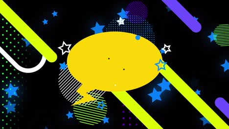 Animation-of-stars-with-speech-bubble-and-shapes-moving-over-black-background