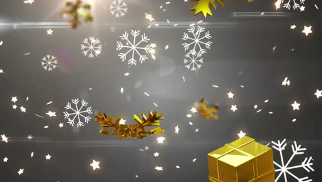 Animation-Von-Goldenen-Weihnachtssternen-Und-Geschenken,-Die-Auf-Grauen-Hintergrund-Fallen