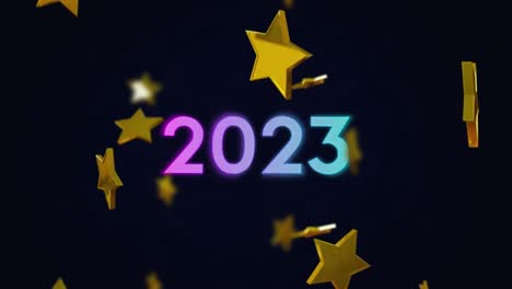 Animation-Des-Textes-2023-über-Goldenen-Sternen,-Die-Auf-Schwarzen-Hintergrund-Fallen