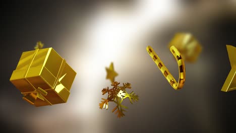Animation-Von-Goldenen-Weihnachtssternen,-Zuckerstangen-Und-Geschenken-Auf-Grauem-Hintergrund