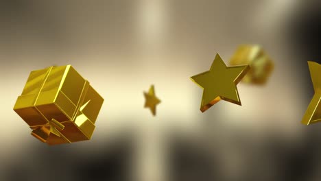 Animation-of-christmas-gold-stars-and-presents-on-grey-background