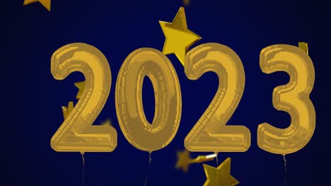 Animation-of-2023-text-over-gold-stars-falling-on-blue-background
