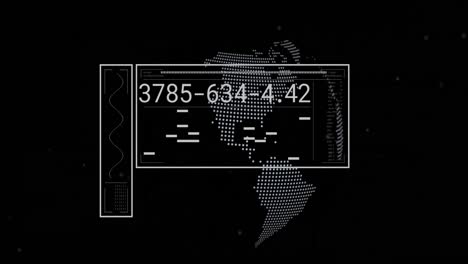 Animation-of-data-processing-over-globe-on-black-background