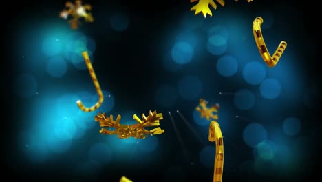 Animation-Von-Goldenen-Weihnachtssternen-Und-Zuckerstangen,-Die-über-Blaue-Lichtpunkte-Im-Hintergrund-Fallen