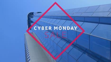 Animation-of-cyber-monday-sale-text-over-modern-office-building