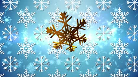 Animation-Von-Weihnachtlichem-Goldstern-Und-Schneeflocken-Auf-Blauem-Hintergrund