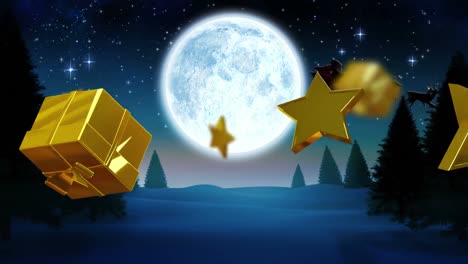 Animation-of-christmas-gold-stars-and-presents-over-santa-claus-in-sleigh-and-full-moon