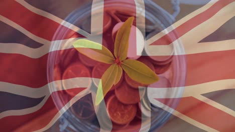 Animation-Von-Pflanzen-Und-Münzen-über-Der-Flagge-Großbritanniens