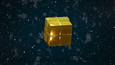 Animation-of-christmas-gold-present-and-snow-falling-on-dark-blue-background