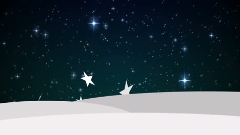 Animation-Von-Sternen,-Die-Zu-Weihnachten-über-Eine-Winterlandschaft-Fallen