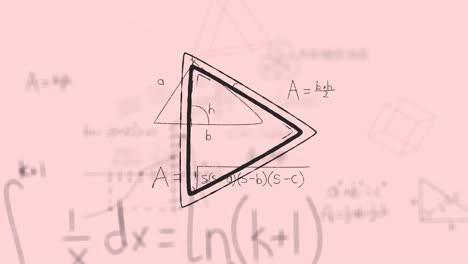 Animation-of-play-icon-over-mathematical-equations-on-pink-background