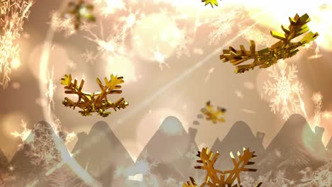 Animation-of-christmas-gold-snowflakes-falling-on-gold-background