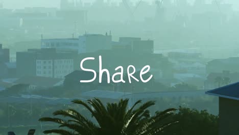 Animation-of-share-text-banner-against-aerial-view-of-cityscape