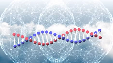 Animation-Der-DNA-Struktur,-Die-Sich-über-Der-Kugel-Des-Netzwerks-Von-Verbindungen-Vor-Wolken-Am-Himmel-Dreht