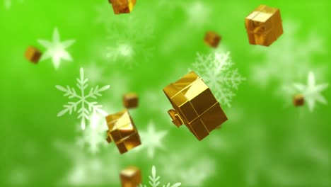 Animation-of-christmas-gold-presents-and-snow-falling-on-green-background