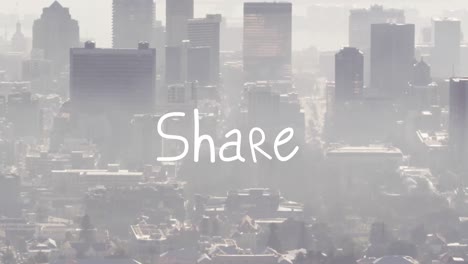 Animation-of-share-text-banner-against-aerial-view-of-cityscape