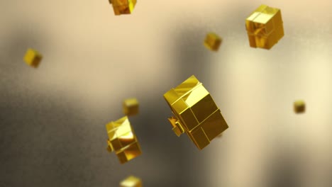 Animation-of-christmas-gold-presents-falling-over-yellow-background