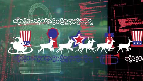 Animation-of-santa-claus-in-sleigh-over-data-processing-and-padlock