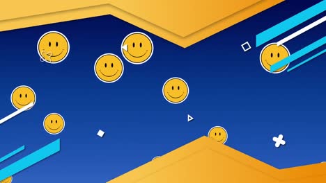 Animation-of-shapes-and-emoji-icons-moving-over-blue-background