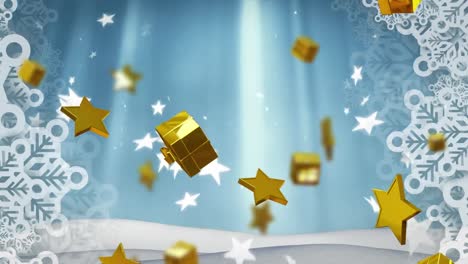 Animation-of-christmas-gold-stars-and-presents-falling-on-blue-background