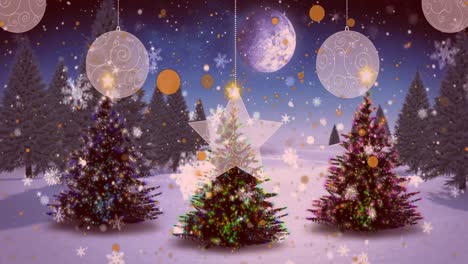 Animation-of-stars-and-baubles-over-coniferous-trees-during-snowfall-with-moon-in-background