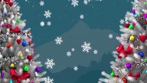 Animation-of-snow-falling-over-christmas-trees-and-winter-landscape