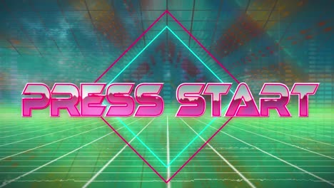 Animation-of-press-start-text-banner-over-grid-network-against-neon-shapes-in-seamless-pattern