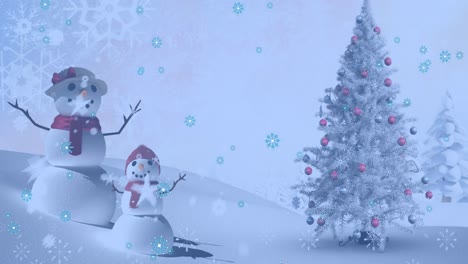 Animation-of-christmas-snowmen-and-snow-falling-over-winter-scenery