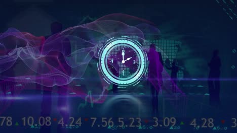 Animation-of-ticking-clock-and-digital-waves-over-silhouettes-of-businesspeople-and-data-processing