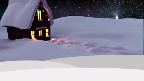 Animation-Von-Schnee,-Der-über-Ein-Haus-Mit-Weihnachtsdekorationen-Fällt