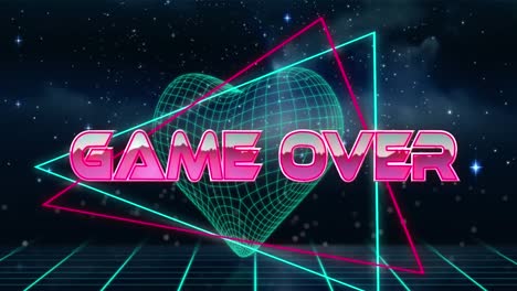 Animation-of-game-over-text-in-metallic-pink-over-neon-triangles-and-metaverse-grid
